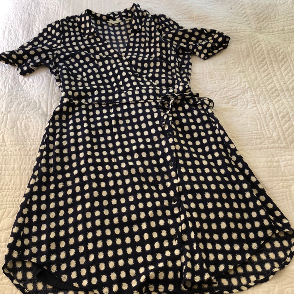 Anthropologie Faux Wrap Navy Polkadot Dress
